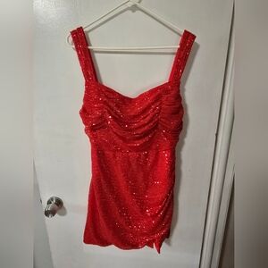 Red Sequin Mini Dress Womens Small Open Back Tie Party Dress Holiday Clubwear